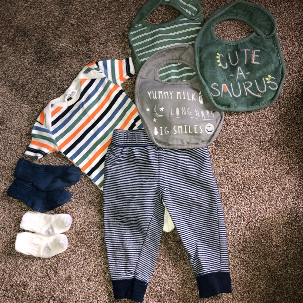 Lot of boys clothes Green 'Cute-a-Saurus' & Striped Bib pants shirt sz 9-12 mo